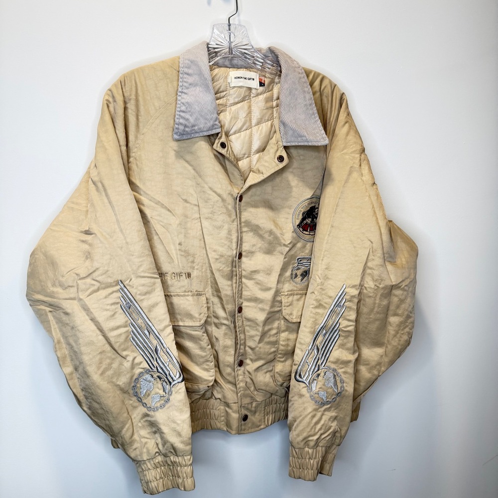 HONOR THE GIFT Beige Bomber Jacket Mens Large Wings Panther Patch Full Zip